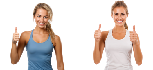Portrait of two smiling female fitness models giving a thumbs-up, isolated on transparent background