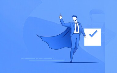 Obraz premium Vector illustration of a businessman with a superhero cape flying in the air, presenting his hand to the viewer while dressed in a blue suit. 