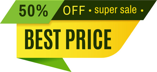 Fototapeta premium Vibrant green and yellow banner announces an exciting super sale with a whopping fifty percent off, perfect for boosting retail marketing efforts and attracting customers