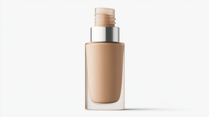 A sleek glass bottle of foundation with a light beige tint, showcasing a stylish silver cap, designed for a flawless complexion.