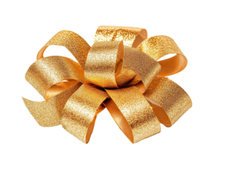 Shiny golden gift bow with textured ribbon loops on a white background PNG