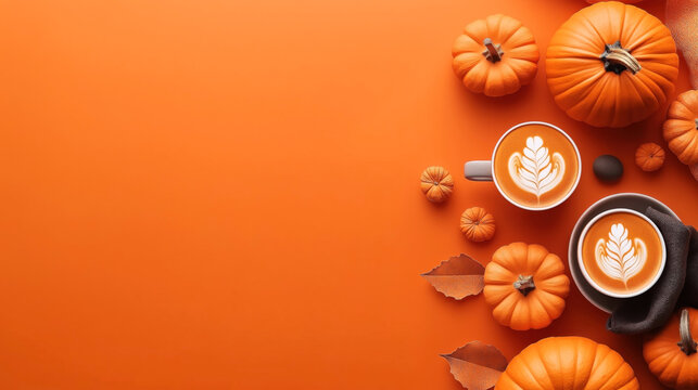 Two cups of latte with foam art surrounded by various sizes of pumpkins and autumn leaves on an orange background, creating a fall-themed arrangement with warm, seasonal aesthetics.