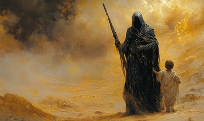 A hooded figure leads a child through a desolate landscape.