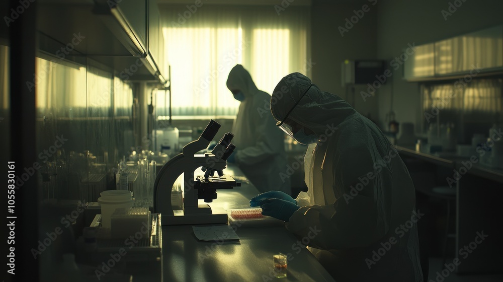 Poster scientists in protective gear working in a laboratory