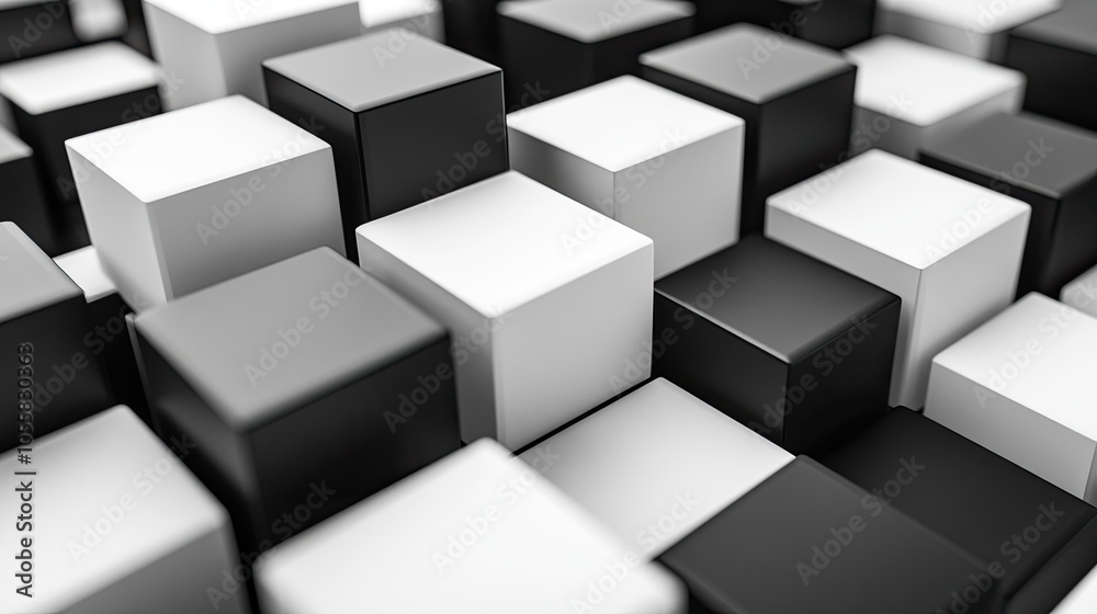 Fototapete black and white 3d cubes creating a geometric, high-contrast background, perfect for product or text