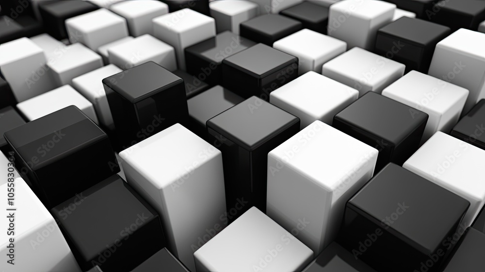 Fototapete black and white 3d cubes creating a geometric, high-contrast background, perfect for product or text