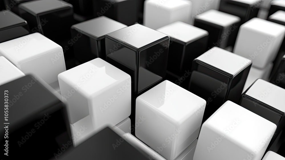 Fototapete black and white 3d cubes creating a geometric, high-contrast background, perfect for product or text