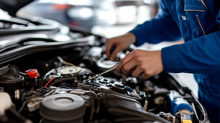 Obraz premium mechanic changing engine