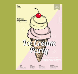 Vintage Ice Cream Poster. MINIMAL FLAT illustration. Ice cream icon on abstract FLYER design. Set of corporate business stationery templates. Modern back and front flyer backgrounds.