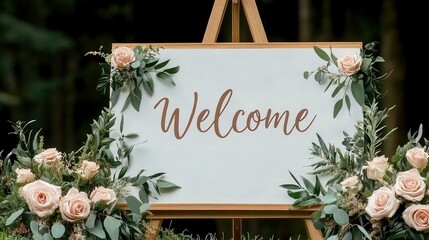A beautiful wedding welcome sign invites guests with elegant calligraphy, complemented by fresh pink roses on a wooden stand in a tranquil outdoor setting