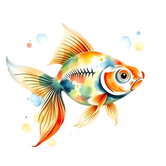Fototapeta premium Goldfish swimming, watercolor illustration on white background. Generative AI