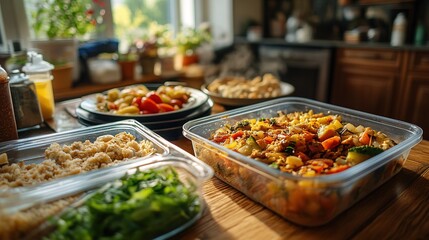Fototapeta premium Leftover food in a container and plate on the table 