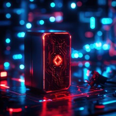 Fototapeta premium Futuristic Computer Hardware with Neon Lights and Circuit Patterns in a Dark Environment