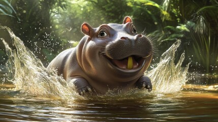 Fototapeta premium A cheerful pygmy hippo splashing excitedly in a pond, its small rounded body creating waves and ripples in a jungle backdrop