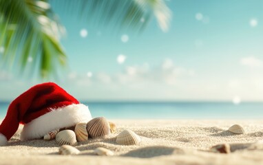 Naklejka premium Merry Christmas written in the sand on a tropical beach, with a Santa hat and seashells decorating the scene, contrasting the winter holiday theme