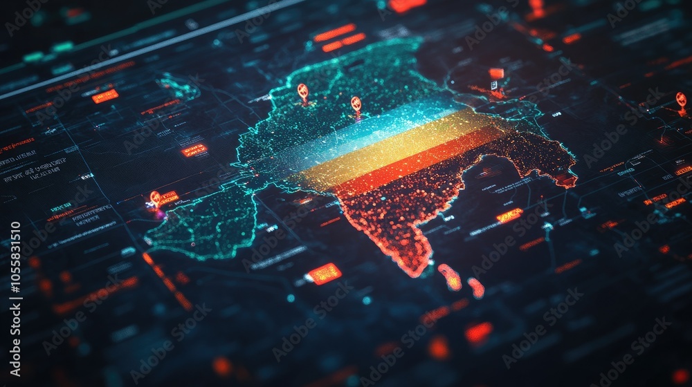 Poster a digital map of india on a computer screen, featuring a vibrant indian flag and multiple location m