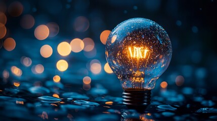Lightbulb glowing with water droplets and bokeh lighting