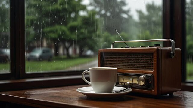 A radio and a cup of coffee behind the window during the rain. Relaxing and cozy atmosphere. Seamless 4K looping timelapse video animation background