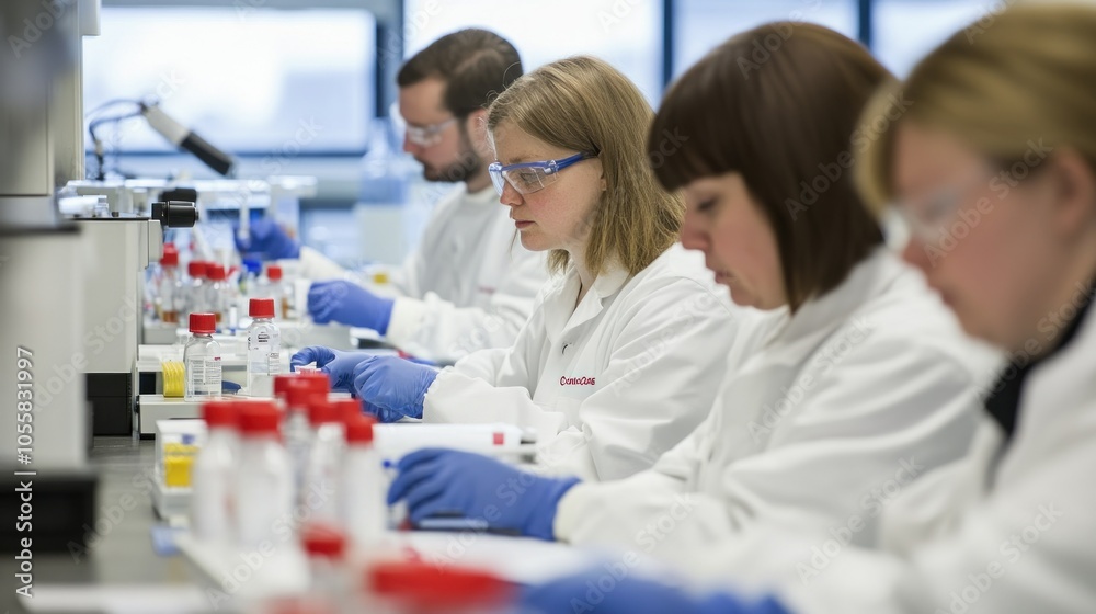 Poster scientists in lab coats working with samples and equipment