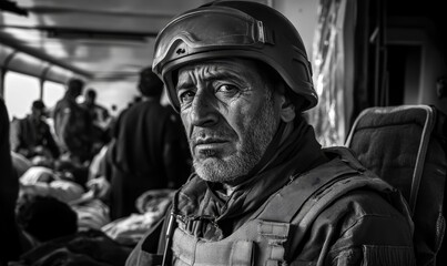 Naklejka premium A man in a helmet sits in a crowded vehicle.