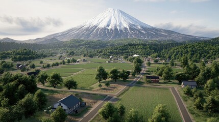 Mount Fuji towers over vibrant rice fields and quaint houses, bathed in natural light under a vivid blue sky with fluffy clouds, capturing Japan’s serene beauty