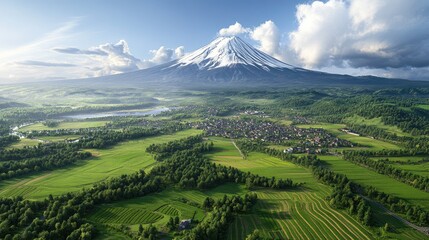 Mount Fuji towers over vibrant rice fields and quaint houses, bathed in natural light under a vivid blue sky with fluffy clouds, capturing Japan’s serene beauty