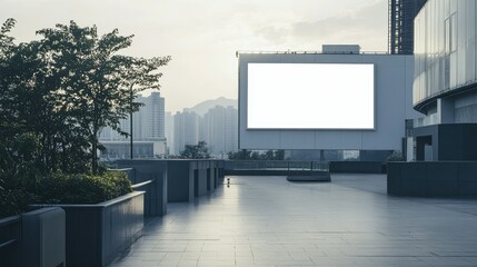 Blank poster mockup on the roof of a mall, with a clear white space for an ad; modern building and trees in the background