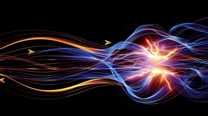 Fototapeta premium Abstract magnetic field visualization, in dark empty space, with luminous lines and arrows representing the magnetic flow around a central object 