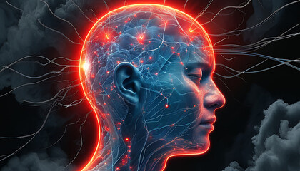 "Abstract depiction of a headache, showing a silhouetted head with intricate, tangled lines and sharp, glowing points around pain areas, especially in the temples