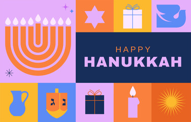 Happy Hanukkah banner, background, poster. Modern design for traditional holiday. Menorah, dove, candles and dreidel illustrations