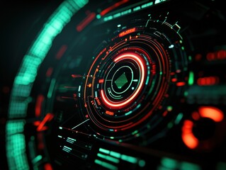 Obraz premium Futuristic Digital Interface with Neon Circuits and Geometric Patterns in Dark Background