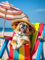 A cute dog taking a relaxing siesta on a colorful beach chair under the shade of an umbrella, nap, siesta