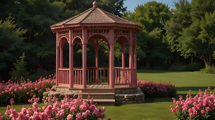 Obraz premium A wooden gazebo adorned with pink roses sits nestled among a rose garden .generative.ai