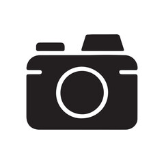 Black camera silhouette vector icon on white background