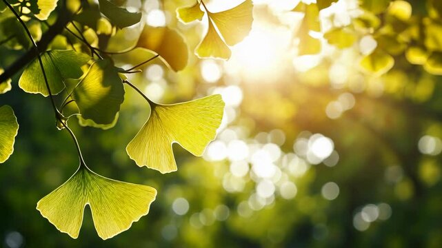 Ginkgo leaves are illuminated by the sun on a warm summer day