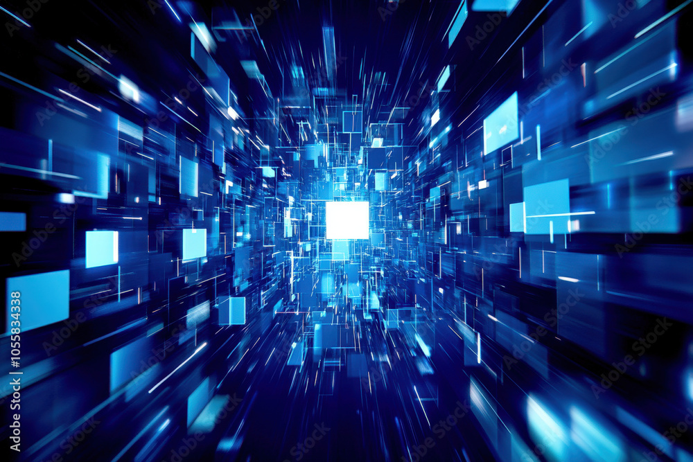 Poster a dynamic, abstract depiction of a digital space with glowing blue cubes and lines, conveying a sens