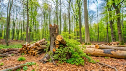 Fototapeta premium A large tree trunk lies on the forest floor surrounded by logs and a thick layer of leafy debris.