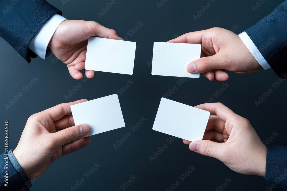 Poster four hands holding blank business cards in a circular arrangement against a dark background, symboli
