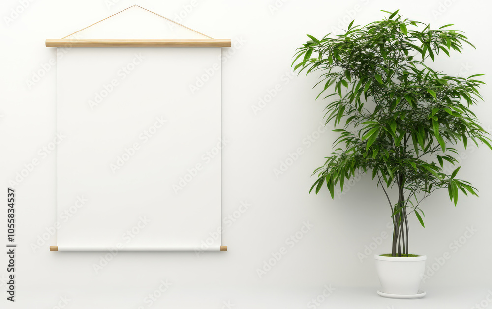Poster a minimalistic interior featuring a blank hanging scroll and a potted plant against a white wall, cr