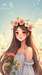 A young woman with floral crown and flowers in a serene setting.