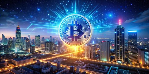 Fototapeta premium Glowing Bitcoin Symbol Above Futuristic Cityscape - Digital Finance Innovation