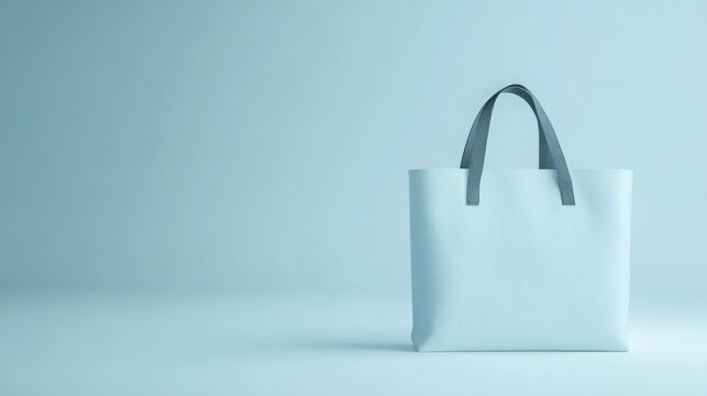 Light Blue Tote Bag with Black Handles on a Blue Background