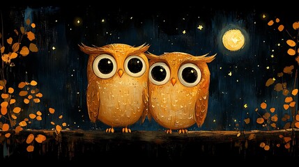 Two cute owls perched on a branch under a starry night sky.