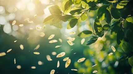 Obraz premium Falling leaves in sunlight with green background