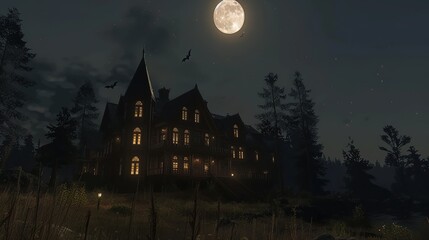 Fototapeta premium Spooky Haunted Mansion against Moonlit Night Sky with Bats and Ghostly Apparitions - Eerie Atmosphere for Halloween Event Background