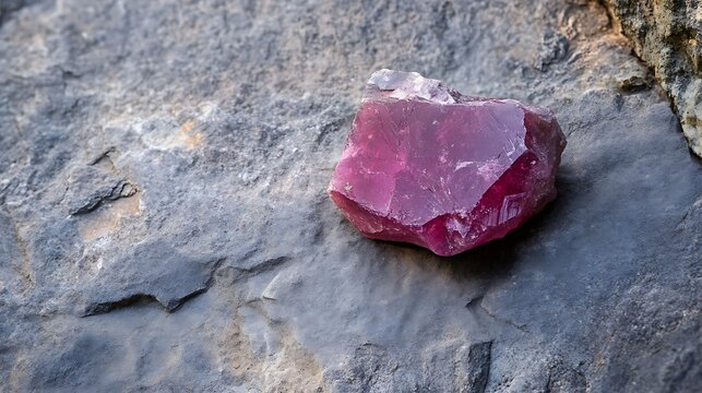 A raw, unpolished ruby gemstone with natural imperfections placed on a stone background
