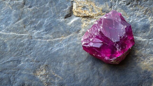 A raw, unpolished ruby gemstone with natural imperfections placed on a stone background