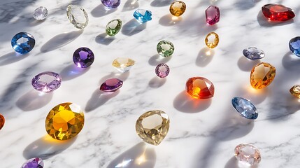 A variety of genuine gemstones scattered across a marble table with soft shadows