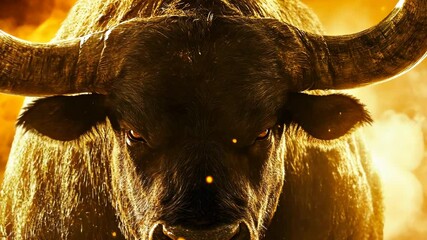A black bull stares intensely at the camera, its horns outstretched, against a fiery orange background