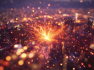 Spectacular firecracker spark trails illuminate the cityscape during holiday celebrations creating a dazzling nighttime experience